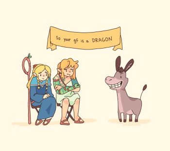 1boy 1girl :t blonde_hair blue_dress chair closed_mouth commentary crossover director&#039;s_chair donkey donkey_(shrek) dress dungeon_meshi elf english_commentary english_text folding_chair frown full_body grin highres link long_hair marcille_donato metaphoricallyrose multiple_crossover nintendo on_chair pointy_ears short_hair shrek_(series) simple_background sitting smile staff the_legend_of_zelda the_legend_of_zelda:_tears_of_the_kingdom trait_connection