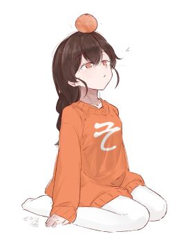 1girl balancing braid brown_hair clothes_writing dress food fruit highres hikashima_(shiofune) kantai_collection long_hair orange_(fruit) orange_eyes orange_sweater pantyhose simple_background single_braid sitting solo souya_(kancolle) sweater sweater_dress wariza white_background white_pantyhose