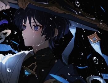 1boy absurdres arm_up armor black_background black_bodysuit black_hair blue_cape blue_hat blunt_ends bodysuit cape chinese_commentary closed_mouth crying crying_with_eyes_open eyeshadow genshin_impact gold hair_between_eyes hand_on_headwear hand_up hat highres japanese_armor japanese_clothes jewelry jingasa juban kayu_(yukagoin) kimono looking_to_the_side makeup male_focus mandarin_collar necklace open_clothes open_vest purple_eyes rain red_eyeshadow scaramouche_(genshin_impact) short_hair side_cape simple_background sleeveless sleeveless_bodysuit solo tears upper_body veil vest wanderer_(genshin_impact) water water_drop wet white_kimono