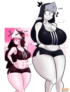 2girls absurdres arms_behind_back blank_eyes breast_envy breasts cross friday_night_funkin&#039; gym_shirt gym_shorts hands_on_own_hips highres horndogo36 large_breasts medium_breasts multiple_girls nun pink_hair plump sarvente_(friday_night_funkin&#039;) shirt shorts steam steaming_body sweat taki_(friday_night_funkin&#039;)