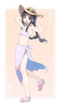 1girl :d arm_behind_head armpits arms_up bare_arms bare_shoulders bikini black_hair blush border braid brown_background brown_eyes brown_hat commentary flower full_body groin hands_on_headwear hat hat_flower highres long_hair looking_at_viewer low_twintails nagami_yuu navel open_mouth original purple_bikini purple_flower purple_rose red_flower red_rose rose sandals sarong smile solo standing standing_on_one_leg sun_hat swimsuit symbol-only_commentary twin_braids twintails very_long_hair white_border white_flower white_sandals yellow_flower