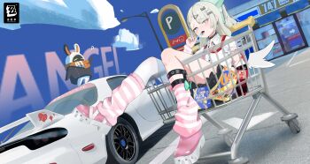 1girl absurdres anaen bandaid bandaid_hair_ornament bangboo_(zenless_zone_zero) black_skirt blue_nails blush bow candy car chinatsu_remiel chips_(food) cola collar commentary_request copyright_logo earrings eous_(zenless_zone_zero) food fur-trimmed_skirt fur_trim green_bow green_eyes green_hair hair_ornament heart heart_hair_ornament highres holding holding_candy holding_food holding_lollipop in_shopping_cart jewelry leg_warmers logo lollipop looking_at_viewer mazda_rx-7 mazda_rx-7_fd motor_vehicle multicolored_eyes multiple_hair_clips musical_note_earrings necktie open_mouth outdoors parking_lot pink_arm_warmers pink_bag pink_eyes pink_leg_warmers pink_shoes ponytail print_necktie red_necktie ring ring_hair_ornament shirt shoes shop shopping_cart single_thighhigh skirt striped_arm_warmers striped_leg_warmers thighhighs tongue tongue_out white_shirt white_thighhighs white_wings winged_bag wings zenless_zone_zero