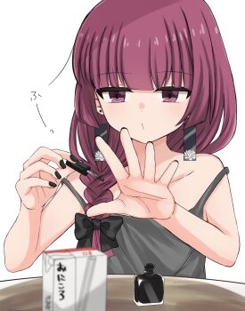 1girl alcohol black_bow black_nails blunt_bangs bocchi_the_rock! bow closed_mouth commentary_request earrings fingernails highres hiroi_kikuri jewelry long_hair marumaruru purple_eyes table