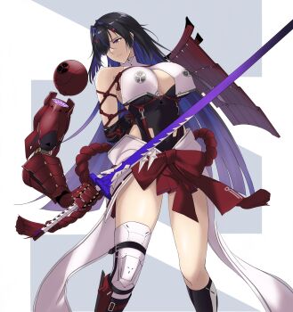 1girl absurdres arm_guards arms_behind_back bare_shoulders bdsm black_hair black_shirt black_socks blue_hair bondage bound breast_curtains breasts chaos_zero_nightmare chizuru_(chaos_zero_nightmare) clothing_cutout covered_erect_nipples hakama hakama_short_skirt hakama_skirt hao718 highres holding holding_sword holding_weapon horns japanese_clothes katana knee_armor large_breasts mechanical_arms mole mole_under_eye multicolored_hair nontraditional_miko obi one_eye_covered purple_eyes red_hakama restrained sash shibari shield shirt sideboob skirt socks sword weapon