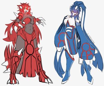 2girls absurdres blue_boots blue_hair boots breasts claws full_body gen_3_pokemon groudon hair_over_one_eye high_heels high_ponytail highres humanization kyogre large_breasts legendary_pokemon long_hair looking_at_viewer monster_girl multiple_girls navel nintendo open_mouth pointy_ears pokemon ponytail qdphattie red_hair sharp_teeth simple_background tail teeth thick_thighs thighs very_long_hair white_background yellow_eyes
