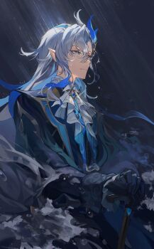 Rule 34 | 1boy, ascot, asymmetrical bangs, black gloves, blue coat, blue eyeliner, blue gemstone, blue hair, cane, closed mouth, coat, commentary request, duplicate, eyeliner, gem, genshin impact, gloves, highres, holding, holding cane, lapels, long hair, long sleeves, makeup, male focus, mochuuuuuuu, multicolored hair, neuvillette (genshin impact), pixel-perfect duplicate, pointy ears, purple eyes, rain, streaked hair, white ascot, white hair