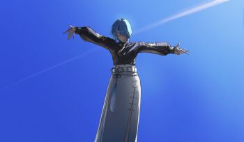 1girl absurdres black_shirt blue_hair blue_sky closed_eyes closed_mouth commentary edwin62293123 english_commentary hair_over_one_eye highres hololive hoshimachi_suisei hoshimachi_suisei_(oriental_suit) official_alternate_costume shirt short_hair skirt sky solo virtual_youtuber white_skirt