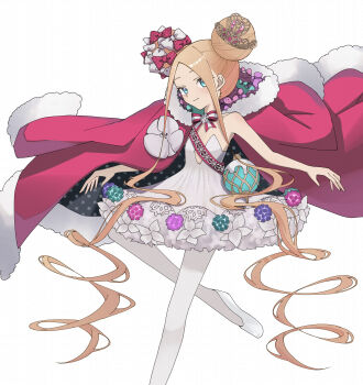 1girl abigail_williams_(fate) abigail_williams_(santa)_(fate) absurdres ballet_slippers bare_shoulders blonde_hair blue_eyes bow breasts cloak commentary_request double_bun dress fate/grand_order fate_(series) forehead fur-trimmed_cloak fur_trim hair_bow hair_bun highres long_hair looking_at_viewer pantyhose parted_bangs red_bow red_cloak sash sidelocks small_breasts smile solo stuffed_animal stuffed_toy teddy_bear thighs tiara tokumori_ramen very_long_hair white_bow white_dress white_pantyhose