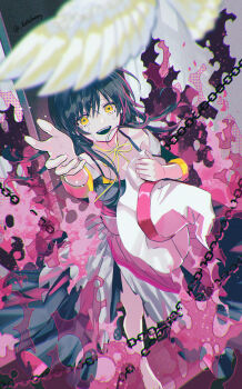 1girl :d absurdres animal apron arm_up aubrey_(kyarairo) barefoot bird black_dress black_hair blurry burning chain crying crying_with_eyes_open depth_of_field dress feet_out_of_frame fire from_above hand_up hat highres long_hair long_sleeves looking_at_viewer looking_up lower_(vocaloid) neck_ribbon off_shoulder open_mouth original pink_fire reaching reaching_towards_viewer ribbon sleeve_cuffs smile solo standing static tears torn_apron torn_clothes torn_dress twitter_username vocaloid waist_apron white_apron white_hat witch_hat yellow_ribbon