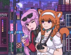 2girls :3 animal_ears animated blush braid bubble_tea cityscape eyewear_on_head full_moon hairband holding hololive hololive_english long_hair looping_animation moon mori_calliope mori_calliope_(streetwear) multicolored_hair multiple_girls nellawashere one_eye_closed orange_hair pink_eyes pink_hair pixel_art ponytail power_lines purple_eyes smile sunglasses tail takanashi_kiara takanashi_kiara_(casual) tongue tongue_out video virtual_youtuber