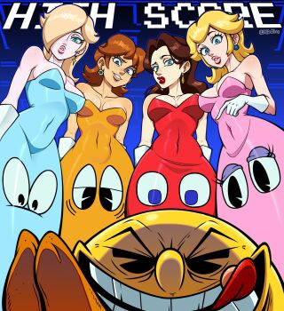 Rule 34 | 1boy, 4girls, bigeyedtuna, blinky (pac-man), blonde hair, blue eyes, breasts, brown hair, cleavage, clyde (pac-man), covered navel, crossover, dress, earrings, hair between eyes, highres, inky (pac-man), jewelry, large breasts, lipstick, long hair, looking at viewer, makeup, mario (series), meme, multiple girls, nintendo, open mouth, pac-man, pac-man (game), pauline (mario), pinky (pac-man), princess daisy, princess peach, red dress, rosalina, rubbing hands together, smile, teeth, tongue, tongue out, wavy hair, zesty sonic (meme)