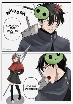 Rule 34 | 1boy, 1girl, ahoge, and0ando, anger vein, belt, black belt, black capelet, black dress, black hair, black shoes, black thighhighs, brown hair, capelet, commentary, cosplay, dress, english commentary, evil neuro-sama, green mask, highres, holding harpoon, hollow knight, hornet (hollow knight), hornet (hollow knight) (cosplay), knight (hollow knight), knight (hollow knight) (cosplay), long hair, nail (hollow knight), neuro-sama, open mouth, personification, pout, red capelet, red eyes, shoes, short hair, sneakers, speech bubble, standing, thighhighs, vedal ai, virtual youtuber