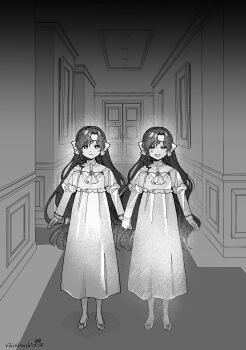 2girls absurdres aged_down clone closed_mouth dress full_body grady_sisters_(the_shining) greyscale grin hallway highres holding_hands isolde_(reverse:1999) juliet_sleeves long_dress long_hair long_sleeves looking_at_viewer monochrome multiple_girls parody puffy_sleeves reverse:1999 rikini_sushi scene_reference shoes side-by-side smile standing the_shining very_long_hair wavy_hair