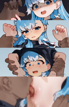 1boy 1girl artist_name bald black_shirt blue_eyes blue_hair censored clothes_lift colored_tips commentary constricted_pupils dark-skinned_male dark_skin english_commentary faceless faceless_male hetero highres holding_another&#039;s_wrist hololive hololive_indonesia kani_fish kobo_kanaeru licking licking_navel long_hair mosaic_censoring multicolored_hair open_mouth paid_reward_available shaded_face shirt shirt_lift short_sleeves virtual_youtuber white_hair