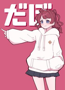 1girl asari_shiguren1 black_skirt blue_eyes blush closed_mouth commentary_request cowboy_shot drawstring gakuen_idolmaster hanami_saki hand_in_pocket highres hood hood_down hoodie idolmaster l_hand long_sleeves looking_ahead medium_hair miniskirt outstretched_arm pleated_skirt pointing puffy_long_sleeves puffy_sleeves red_background red_hair school_emblem simple_background skirt smile solo split_mouth standing text_background translation_request two_side_up white_hoodie