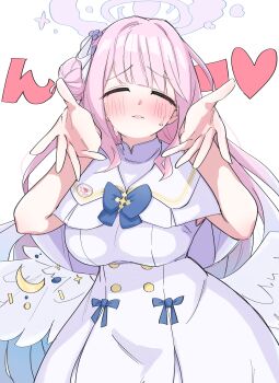 1girl absurdres bare_arms blue_archive blue_bow blush bow breasts buttons capelet closed_eyes cross double-breasted dress facing_viewer feathered_wings hair_bun halo heart heart_background highres large_breasts long_hair looking_at_viewer low_wings mika_(blue_archive) pink_hair pink_halo pov reaching reaching_towards_viewer ribbon school_uniform sidelocks simple_background single_hair_bun single_side_bun smile solo solo_focus sweat tovjiw6kok72805 very_long_hair white_background white_capelet white_dress white_wings wings