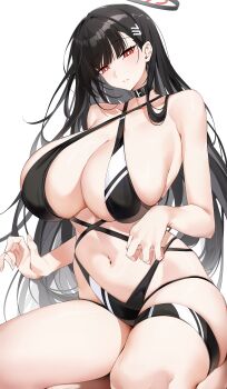 1girl absurdres alternate_costume bare_shoulders belt_collar bikini black_bikini black_hair black_halo blue_archive blunt_bangs blush breasts bright_pupils casul cleavage collar collarbone criss-cross_halter criss-cross_straps feet_out_of_frame hair_ornament hairclip halo halterneck head_tilt highres huge_breasts legs_folded long_hair looking_at_viewer millennium_science_school_logo navel parted_lips red_eyes ringed_eyes rio_(blue_archive) sideboob simple_background sitting solo stomach swimsuit thigh_strap thighs very_long_hair white_background white_pupils