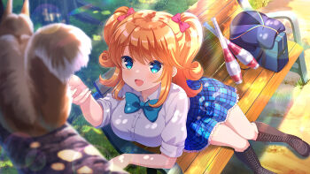 1girl :d bag bench blazer blue_bow blue_eyes blue_jacket blue_skirt bow breasts day girlfriend_(kari) hair_behind_ear hair_ribbon jacket juggling_club large_breasts looking_at_viewer official_art open_mouth orange_hair outdoors park park_bench plaid_clothes plaid_skirt qp:flapper red_bow ribbon sagara_emi school_uniform shade shirt shoes sitting skirt smile squirrel tagme thighhighs tree two_side_up unworn_jacket white_shirt wooden_bench