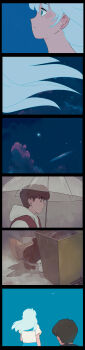 1boy 1girl absurdres bangqiao_yan black_eyes blue_sailor_collar blue_skirt brown_hair cat expressionless fog galaxy highres holding holding_umbrella hood hood_down hoodie long_hair long_image moon night original puddle rain sailor_collar shirt short_hair simple_bird skirt sky star_(sky) starry_sky t-shirt tall_image trash_bag trash_can umbrella upper_body white_hair white_hoodie white_shirt