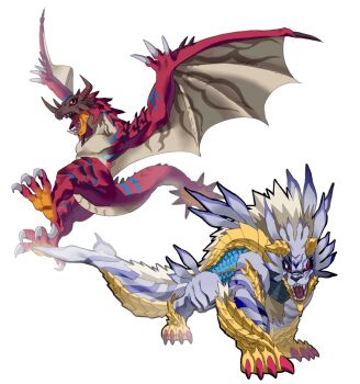 blue_tail commentary digimon digimon_(creature) dinosaur dragon english_commentary helmet horns krinn75 monster_hunter_(series) no_humans red_eyes reusgreymon sharp_teeth simple_background spiked_tail tail teeth white_background wings wolf yellow_horns yellow_tail zinogarurumon