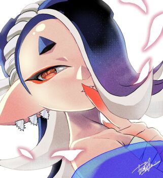 1girl blue_hair chest_sarashi close-up commentary_request earrings eyeshadow falling_petals finger_to_mouth gradient_hair hair_over_one_eye hairband isamu-ki_(yuuki) jewelry long_hair looking_at_viewer makeup multicolored_hair multiple_earrings nintendo octoling petals purple_hair red_eyes red_eyeshadow sarashi shiver_(splatoon) short_eyebrows signature solo splatoon_(series) splatoon_3 tentacle_hair thick_eyebrows tooth_earrings two-tone_hair white_background white_hairband
