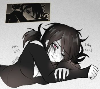 1girl artist_name ashley_graves black_nails black_shirt black_tears bra_strap breasts clenched_hand derivative_work fake_screenshot felichiii half-closed_eyes hand_on_own_arm medium_breasts off-shoulder_shirt off_shoulder pink_eyes reference_inset sad screenshot_redraw shirt sleepy sobbing the_coffin_of_andy_and_leyley twitter_username