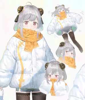 1girl absurdres admi_(nikke) ahoge black_thighhighs blush bun_cover denim denim_shorts double_bun goddess_of_victory:_nikke green_hair grey_hair hair_bun highres jacket looking_at_viewer lying medium_hair multicolored_hair multiple_views peparonipi20 purple_eyes scarf short_shorts shorts standing streaked_hair thighhighs white_background white_jacket yellow_scarf