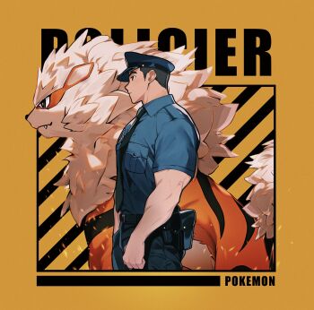 Rule 34 | 1boy, absurdres, arcanine, bara, black necktie, embers, feet out of frame, from side, gen 1 pokemon, highres, large pectorals, long sideburns, looking ahead, louis tjxx, male focus, muscular, muscular male, necktie, nintendo, original, pants, pectorals, pokemon, police, police uniform, policeman, short hair, sideburns, standing, thick eyebrows, yellow background
