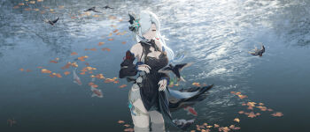 1girl absurdres ancle_(aruncle) bare_shoulders black_dress breasts carp china_dress chinese_clothes cowboy_shot detached_sleeves dress genshin_impact gradient_eyes grey_hair hair_ornament hair_over_one_eye highres lake large_breasts long_hair looking_at_viewer making-of_available multicolored_eyes official_alternate_costume shenhe_(frostflower_dew)_(genshin_impact) shenhe_(genshin_impact) sleeveless smile solo standing thighs very_long_hair white_hair