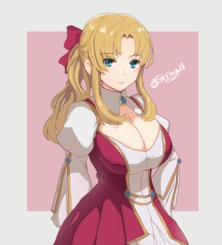 1girl blonde_hair border bow breasts brooch cleavage cleavage_cutout closed_mouth clothing_cutout commentary curtained_hair dress eiyuu_densetsu english_commentary green_eyes grey_border hair_bow highres jewelry large_breasts long_hair long_sleeves looking_at_viewer mayor_maybelle parted_bangs pink_background ponytail portrait puffy_long_sleeves puffy_sleeves red_bow signature smile solo sora_no_kiseki stormowl0 twitter_username two-tone_background two_side_up upper_body