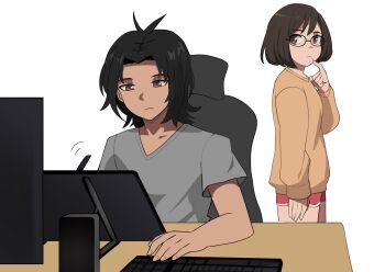 1boy 1girl artist_self-insert black_hair brown_eyes brown_hair brown_shirt closed_mouth dark_skin desk glasses grey_shirt highres jourd4n computer_keyboard long_sleeves mole mole_under_mouth original red_shorts screen shirt short_hair short_sleeves shorts simple_background sitting standing white_background