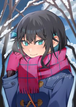 Rule 34 | 1girl, absurdres, aqua eyes, bare tree, black hair, blue hair, blue jacket, closed mouth, coat, colored inner hair, commentary request, day, duffel coat, gloves, hand up, highres, jacket, long sleeves, looking at viewer, miyamai moca, multicolored hair, outdoors, pink gloves, pink scarf, plaid clothes, plaid scarf, scarf, snow, solo, tere douga, tree, upper body, voicepeak, winter, winter clothes