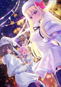 3girls ahoge beret black_hair blonde_hair boots bow breasts dress fate/grand_order fate_(series) garter_straps hat hat_bow head_wings highres hildr_(fate) long_hair medium_breasts mini_hat multiple_girls neko_daruma ortlinde_(fate) pink_hair red_eyes santa_hat short_hair smile thighhighs thrud_(fate) valkyrie_(fate) white_dress wings