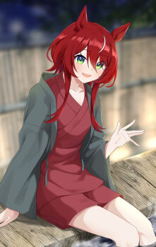 1girl absurdres animal_ears blurry blurry_background blush breasts collarbone commentary_request green_eyes hair_between_eyes highres horse_ears horse_girl horse_tail kanameyuzuriha long_hair looking_at_viewer onsen open_mouth red_hair sitting small_breasts solo tail umamusume win_variation_(umamusume)