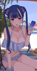 Rule 34 | 1girl, absurdres, beach, beach mat, bikini, blue sky, blunt bangs, blurry, breasts, cleavage, collarbone, double bun, hair bun, highres, inaka 44, long hair, looking at viewer, navel, off-shoulder bikini, off shoulder, open mouth, original, outdoors, paid reward available, pink eyes, polka dot, polka dot bikini, polka dot scrunchie, purple hair, scrunchie, sidelocks, sitting, sky, small breasts, solo, swimsuit, twintails, white bikini