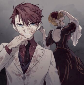1boy 1girl beatrice_(umineko) black_dress black_necktie blonde_hair blood blood_on_clothes blood_on_face blue_eyes blurry blurry_background collared_shirt dress flower formal_clothes hair_flower hair_ornament highres hswoimuxk0pwr0h_(bbdan) laughing necktie open_mouth red_flower red_hair red_rose red_shirt rose shirt short_hair standing suit umineko_no_naku_koro_ni ushiromiya_battler v-shaped_eyebrows white_suit
