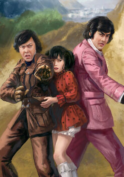 Rule 34 | 1girl, 2boys, amibazh, black eyes, black hair, brown jacket, brown pants, gloves, hongou takeshi, ichimonji hayato, jacket, kamen rider, multiple boys, open mouth, outstretched hand, pants, pink jacket, pink pants, red shirt, shirt, thick eyebrows