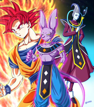 Rule 34 | aura, dragon ball, dragonball z, dragonball z battle of gods, god of destruction beerus, highres, red eyes, red hair, son goku, super saiyan, super saiyan god, whis, wristband