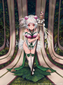 1girl breasts closed_mouth copyright_notice dqn_(dqnww) highres holding holding_staff inushouma_(wixoss) leaf leotard looking_at_viewer medium_breasts medium_hair official_art outdoors red_eyes solo staff thighhighs white_hair white_leotard white_thighhighs wixoss