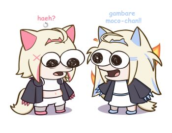 2girls ahoge animal_ears black_eyes black_jacket blue_hair commentary cropped_shirt dog_ears dog_girl dog_tail dress english_commentary fire fuwawa_abyssgard fuwawa_abyssgard_(1st_costume) hair_ornament hairpin headphones headphones_around_neck highres hololive hololive_english jacket loading_icon long_hair mococo_abyssgard mococo_abyssgard_(1st_costume) moon_ldl multicolored_hair multiple_girls open_mouth pink_hair shorts siblings sisters smiling_friends streaked_hair tail twins two_side_up virtual_youtuber white_background white_dress white_shorts x_hair_ornament