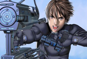 1boy black_bodysuit bodysuit brown_eyes brown_hair dual_wielding finger_on_trigger gantz gantz_suit gun hair_between_eyes hands_up holding holding_gun holding_weapon kurono_kei latex latex_bodysuit official_art oku_hiroya open_mouth outstretched_arm short_hair simple_background skin_tight solo upper_body v-shaped_eyebrows weapon x-gun z-gun