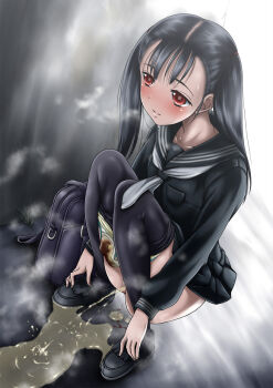 1girl arupakaya black_pantyhose blood blush clothes_pull copyright_request loli menstrual_pad menstruation outdoors panties panty_pull pantyhose pantyhose_pull peeing puddle pussy school_uniform serafuku squatting sweat uncensored underwear