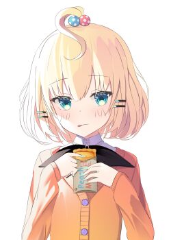 Rule 34 | 1girl, :p, absurdres, ahoge, alternate costume, aqua eyes, black bow, blush, bow, buttons, cardigan, casual, closed mouth, collared shirt, commentary, dot nose, eating, english commentary, food, hair between eyes, hair ornament, hairclip, highres, holding, holding food, jollibee, jollibee (mascot), ken arthem, long sleeves, looking at viewer, millie parfait, millie parfait (1st costume), multicolored hair bobbles, nijisanji, nijisanji en, orange cardigan, overexposure, parallel hairclips, pie, shirt, short hair, simple background, solo, tongue, tongue out, upper body, virtual youtuber, white background