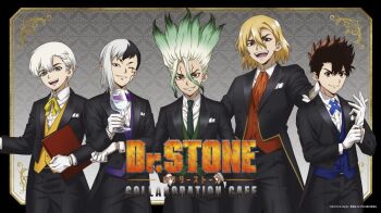 5boys adjusting_clothes adjusting_gloves asagiri_gen ascot black_hair black_pants black_suit blonde_hair blue_eyes brown_eyes brown_hair chrome_(dr._stone) cup dr._stone drinking_glass formal_clothes gloves gradient_hair green_eyes green_hair green_necktie hair_between_eyes holding holding_cup ishigami_senkuu looking_at_viewer male_focus multicolored_hair multiple_boys nanami_ryuusui neck_ribbon necktie official_art one_eye_closed open_mouth pants red_eyes red_vest ribbon saionji_ukyou shirt short_hair smile spiked_hair suit two-tone_hair vest white_gloves white_hair wine_glass
