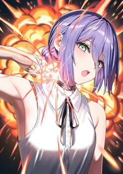 1girl absurdres armpits black_choker breasts chainsaw_man choker collared_shirt commentary_request explosion green_eyes highres lnji_(rnlwls34) looking_at_viewer neck_ribbon open_mouth reze_(chainsaw_man) ribbon shirt sleeveless sleeveless_shirt small_breasts solo upper_body white_shirt