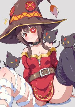 1girl absurdres animal animal_collar animal_on_leg animal_on_shoulder arm_support bandaged_leg bandages bare_shoulders belt black_belt black_collar black_hair black_hat black_panties black_thighhighs blush brown_belt cat choker chomusuke closed_mouth collar collarbone dress dutch_angle eggman_(ni_tamagoex) eyepatch flying_sweatdrops gradient_background grey_background hat heart highres kono_subarashii_sekai_ni_shukufuku_wo! leaning_back loli long_sleeves looking_at_viewer loose_bandages loose_thighhigh m_legs megumin microdress off-shoulder_dress off_shoulder panties pantyshot red_dress red_eyes shadow short_hair_with_long_locks simple_background single_thighhigh sitting spread_legs sweatdrop thighhighs underwear white_background witch_hat