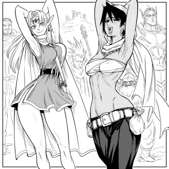 2girls 4boys absurdres armor armpits bag bb_(baalbuddy) beard belt_buckle black_hair black_pants breasts buckle circlet commentary crassus dark-skinned_female dark_skin dimsdale dungeons_&amp;_dragons dungeons_&amp;_dragons:_chronicles_of_mystara dwarf earrings elf english_commentary english_text facial_hair greldon handbag highres hoop_earrings jewelry licking_lips long_hair lucia_(chronicles_of_mystara) moriah_(chronicles_of_mystara) multiple_boys multiple_girls navel pants pendant_earring pointy_ears presenting_armpit scepter stomach sweat syous tongue tongue_out underboob