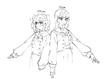 Rule 34 | 2girls, akira hjk, blunt bangs, blush, bow, bowtie, buttons, closed mouth, commentary request, double-breasted, greyscale, height, kurosawa dia, kurosawa ruby, long hair, long sleeves, love live!, love live! sunshine!!, mole, mole under mouth, monochrome, multiple girls, neckerchief, pleated skirt, school uniform, serafuku, siblings, sidelocks, sisters, skirt, spot color, standing, two side up, uranohoshi school uniform, winter uniform