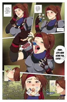 2girls absurdres armor bandana black_footwear blue_dress blush bodysuit bodysuit_under_clothes boobplate breastplate breasts brown_eyes brown_hair chainmail cmvoreroom commission detached_sleeves dress earrings elbow_gloves elbow_sleeve eyewear_on_head final_fantasy final_fantasy_vii final_fantasy_vii_remake fingerless_gloves gloves goggles goggles_on_head green_pants headband highres jessica_dimensal jessie_rasberry jewelry long_hair mini_person minigirl multiple_girls orange_hair original pants ponytail red_headband saliva shoulder_armor size_difference speech_bubble tongue tongue_out uvula vore yellow_eyes