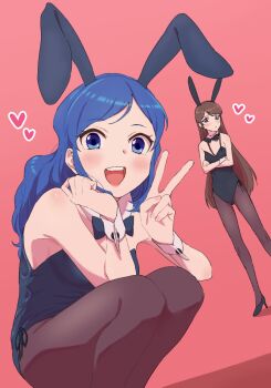 2girls :d aikatsu! aikatsu!_(series) animal_ears black_bow black_bowtie black_footwear black_leotard black_pantyhose blue_eyes blue_hair bow bowtie breasts brown_hair crossed_arms detached_collar fake_animal_ears heart high_heels highres kiriya_aoi leotard long_hair looking_at_viewer multiple_girls open_mouth osame pantyhose pink_background playboy_bunny purple_eyes rabbit_ears shibuki_ran shoes simple_background small_breasts smile squatting standing strapless strapless_leotard swept_bangs v wrist_cuffs